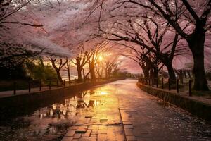 ciliegia fiorire parco durante tramonto ai generativo foto