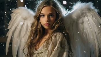 innocente giovane ragazza con lungo biondo capelli con angelo ala ai generativo foto