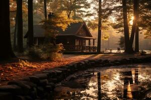 Alba al di sopra di un' foresta paesaggio con autunno fogliame ai generativo foto