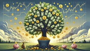 un' gigante i soldi albero con dollaro fatture e monete, radicato nel un' pentola di oro, circondato di finanziario simboli, con un' transizione temporale cielo nel il sfondo. ai generativo foto