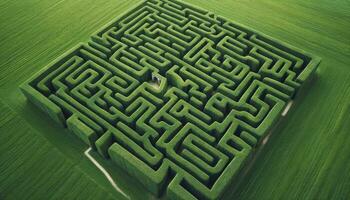 in mostra un' dettagliato labirinto fatto di alto, verde siepi a partire dal un' a volo d'uccello Visualizza. ai generato foto
