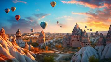 caldo aria Palloncino al di sopra di il Cappadocia cielo generativo ai foto