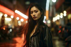 asiatico ragazza con alla moda attrezzatura in posa nel vivace città generativo ai foto