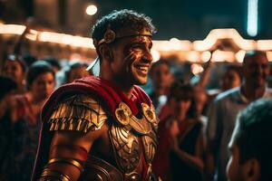 un' strada esecutore vestito come un' romano Gladiatore un' foto di un' corridore sprint attraverso un' città parco ai generativo