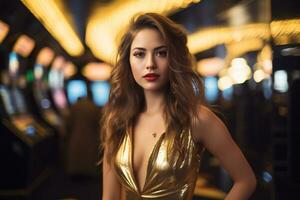 un' giovane donna elegantemente vestito nel un' oro vestito nel il casinò ai generativo foto