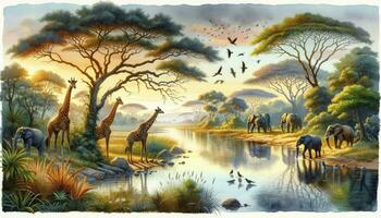 acquerello pittura di paesaggio raffigurante un africano tropicale giungla. alto alberi linea il banche di un' sereno fiume, loro riflessi scintillante nel il acqua. ai generato foto