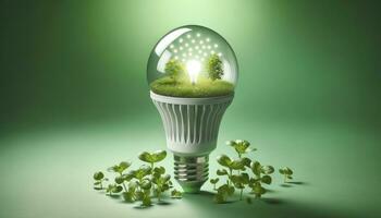 un' foto di un guidato lampadina impostato contro un' verde sfondo, raggiante dolcemente, con minuscolo impianti germinazione in giro suo base, sottolineando il armonia fra tecnologia e natura. ai generato