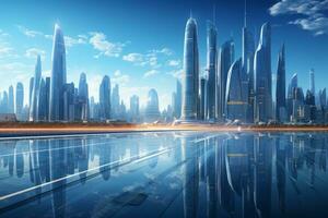 un' futuristico paesaggio urbano nel il mattina con un' blu atmosfera, ai generativo foto