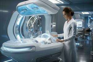 un' femmina medico è nel un' futuristico medico facilità, ai generativo foto