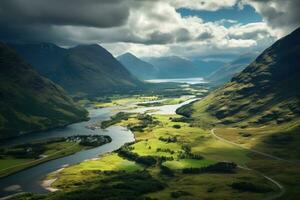 aereo Visualizza di Glencoe serbatoio, altopiani, Scozia, UK, aereo Visualizza di Glencoe e il montagne circostante il piccolo cittadina nel Scozia, ai generato foto