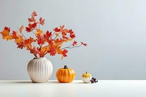 casa interno con arredamento elementi. colorato autunno le foglie nel un' vaso su un' leggero sfondo. finto su per visualizzazione lavori. generativo ai. foto