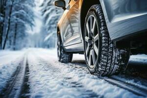 inverno pneumatico. auto su neve strada. pneumatici su nevoso autostrada dettaglio. generativo ai. foto