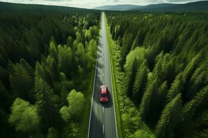 aereo Visualizza di verde foresta e rosso auto su il strada. uccelli occhio. generativo ai. foto