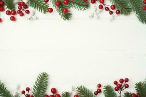 Natale telaio fatto di abete rami, rosso frutti di bosco. Natale sfondo. piatto posizione, superiore Visualizza, copia spazio. generativo ai. foto