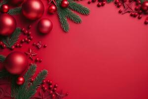 Natale composizione. Natale rosso decorazioni, abete albero rami su rosso sfondo. piatto posizione, superiore Visualizza, copia spazio. generativo ai foto