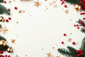 Natale composizione. telaio fatto di Natale albero rami, d'oro decorazioni e rosso frutti di bosco su bianca sfondo. piatto posizione, superiore Visualizza, copia spazio. generativo ai. foto