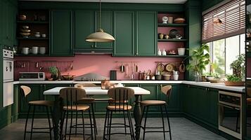 rosa e buio verde cucina. minimalismo. ai generato foto