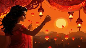 Festival di luci. diwali, Festival di luci. ragnatela bandiera design con candele e donna. ai generato foto