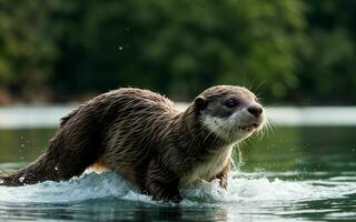 giocoso lontra immersione e spruzzi nel il cristallino lago ai generato foto