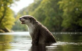 giocoso lontra immersione e spruzzi nel il cristallino lago ai generato foto