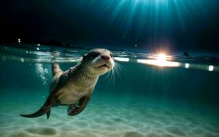 giocoso lontra immersione e spruzzi nel il cristallino lago ai generato foto