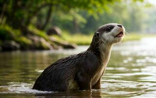 giocoso lontra immersione e spruzzi nel il cristallino lago ai generato foto