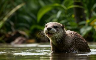 giocoso lontra immersione e spruzzi nel il cristallino lago ai generato foto