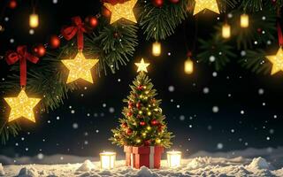 incantata Natale foresta illuminato alberi nevoso fiocchi e festivo i regali foto
