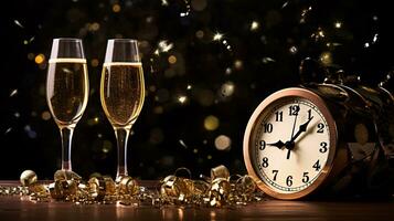 ai generativo nuovo anni vigilia Champagne con bokeh leggero e orologio foto