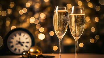 ai generativo nuovo anni vigilia Champagne con bokeh leggero e orologio foto