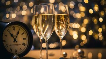 ai generativo nuovo anni vigilia Champagne con bokeh leggero e orologio foto