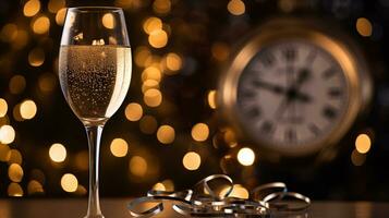 ai generativo nuovo anni vigilia Champagne con bokeh leggero e orologio foto
