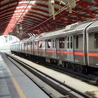 nuovo delhi India - agosto 10 2023 - delhi la metropolitana treno in arrivo a jhandewalan la metropolitana stazione nel nuovo delhi, India, Asia, pubblico la metropolitana in partenza a partire dal jhandewalan stazione foto