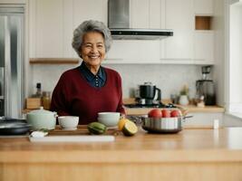 sorridente anziano donne nel cucina. ai generativo foto