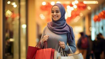 ai generativo persone di diverso etnia, età e Genere Tenere Natale shopping regalo borse nel centro commerciale tutti al di sopra di il mondo foto