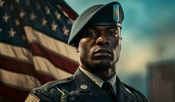 ritratto di giovane africano americano soldato su il sfondo di il americano bandiera ai generato foto