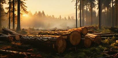 di legno logs nel il foresta a Alba. panoramico Visualizza ai generato foto