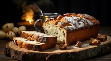 fatti in casa torta con uva passa e in polvere zucchero su un' di legno sfondo ai generato foto