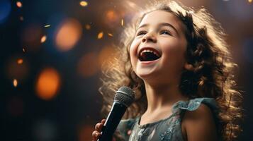 poco ragazza cantando in un' microfono a un' concerto nel il sera ai generato foto