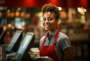 ritratto di un' giovane africano americano cassiere sorridente a il telecamera nel un' caffè negozio ai generato foto