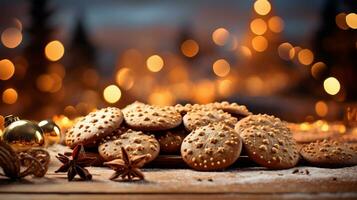 Natale tazza di caffè e biscotti su un' di legno sfondo con Natale albero e bokeh ai generato foto