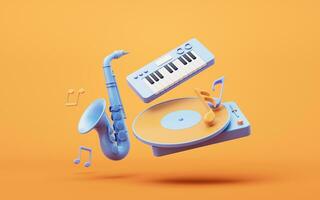 musica strumenti con cartone animato stile, 3d resa. foto