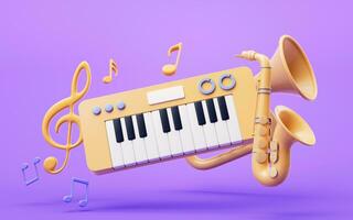 musica strumenti con cartone animato stile, 3d resa. foto