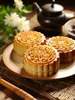 Cinese medio autunno Festival mooncake su di legno tavolo, ai generato foto