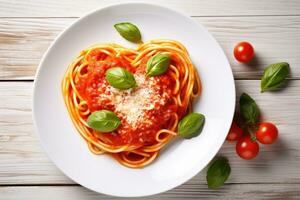 cuore sagomato spaghetti con pomodoro salsa e parmigiano formaggi su bianca piatto. ai generato foto