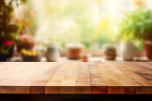 di legno tavolo su sfocato cucina panchina sfondo ai generativo foto
