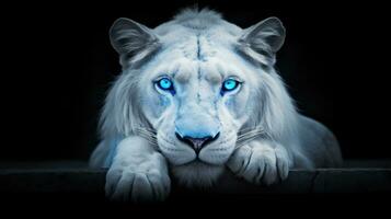 ritratto di un' bianca Leone con blu occhi su nero sfondo.ai generato foto