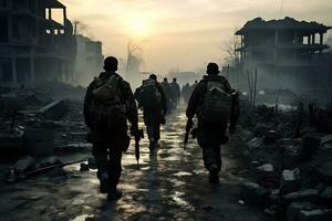 soldati camminare attraverso il rovine di un' città causato di guerra ai generativo foto