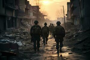 soldati camminare attraverso il rovine di un' città causato di guerra ai generativo foto