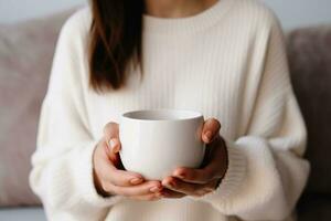 vicino su di donna nel bianca maglione Tenere tazza di caldo bere.ai generato foto